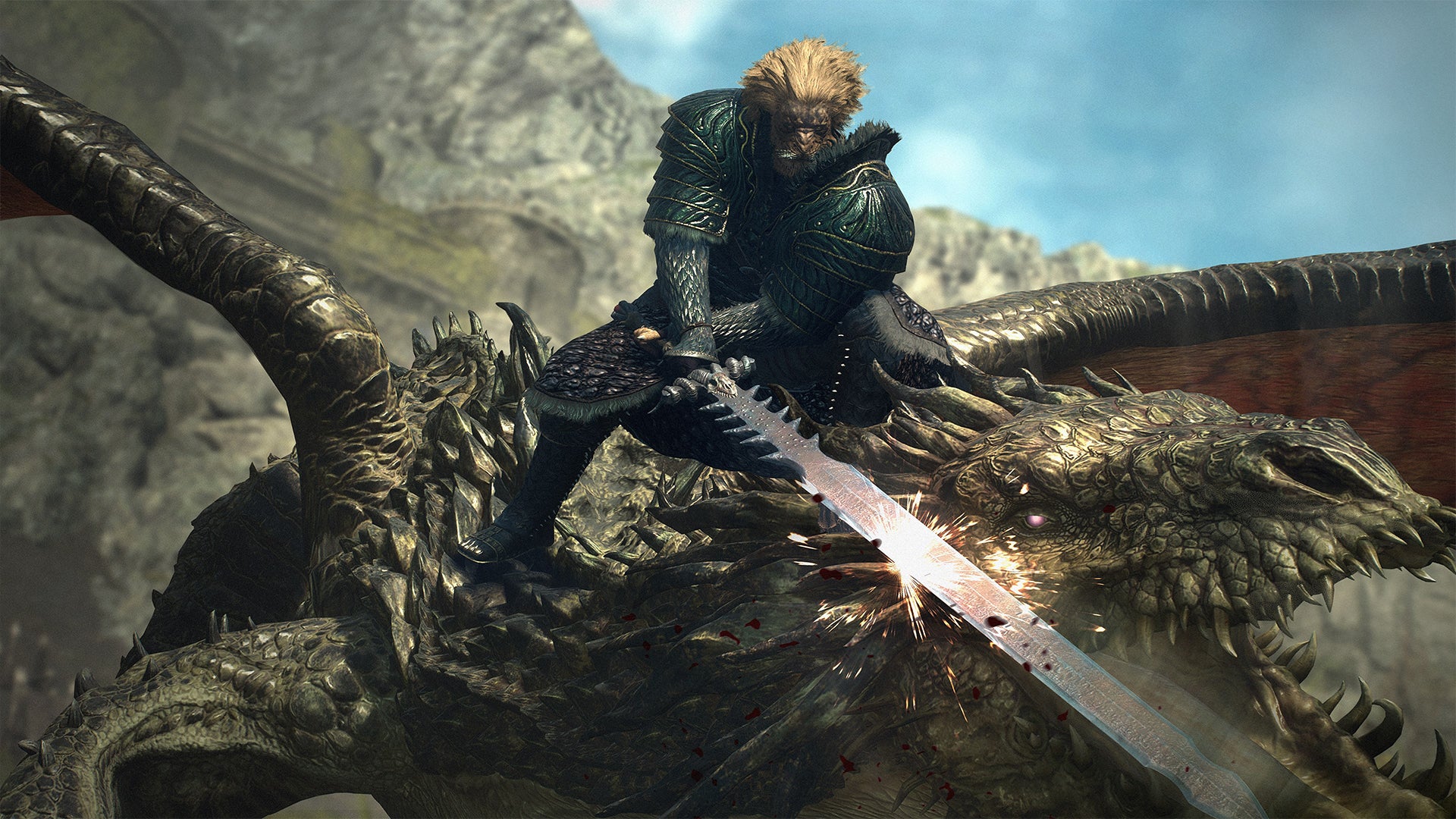 Promo art for Dragon's Dogma 2 showing a Beastren Warrior in combat. - 1