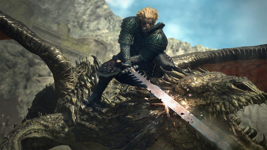 Promo art for Dragon's Dogma 2 showing a Beastren Warrior in combat.