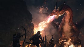 Dragon's Dogma 2 promo art of a thugged-out dragon n' warriors up in battle.