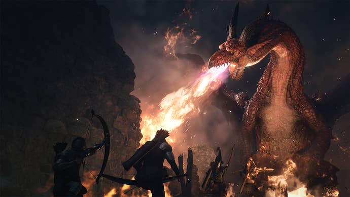 Dragon’s Dogma 2 promo art of a dragon and warriors in battle.