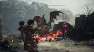 The Arisen shooting a drake with a bow and arrow during the Readvent of Calamity quest in Dragon's Dogma 2.