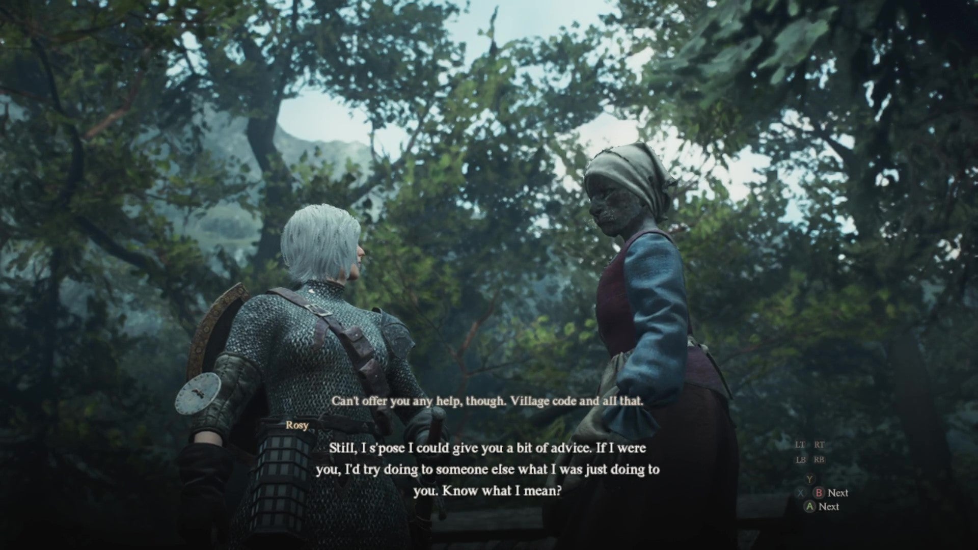 A human female Arisen and a tall beastren woman speak to each other against a backdrop of forest canopy. - 6