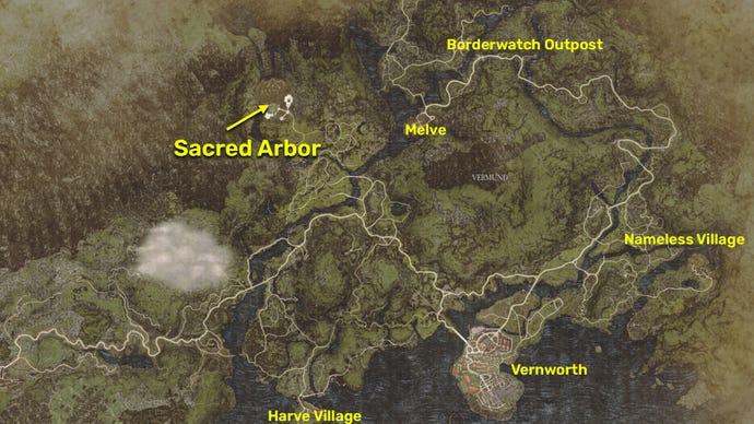 Screenshot of the map location of Sacred Arbor in Dragon's Dogma 2.