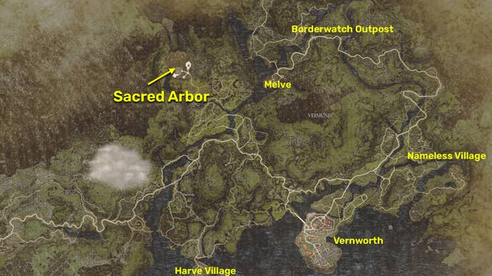 Screenshot of the map location of Sacred Arbor in Dragon’s Dogma 2.