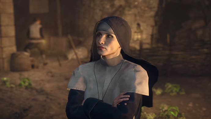 Dragon’s Dogma 2’s Elena standing outside the church of the Gracious Hand