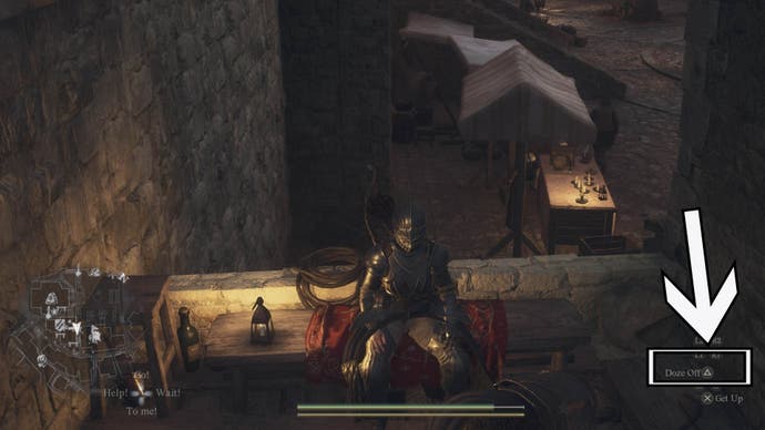 dragons dogma 2 a armor clad arisen is sitting on a bench and an arrow is pointing to the doze off option highlighted in bottom right corner.