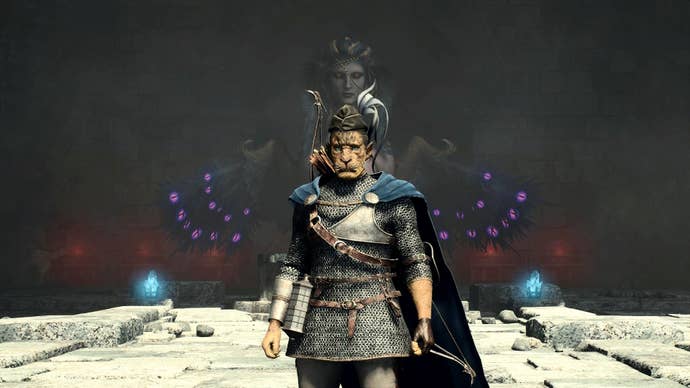 A Dragon’s Dogma 2 Beastren standing in front of a large Sphinx
