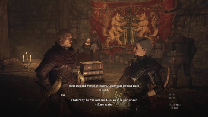 In an underground cavern, Srail and a female human Arisen discuss Darragh’s history.