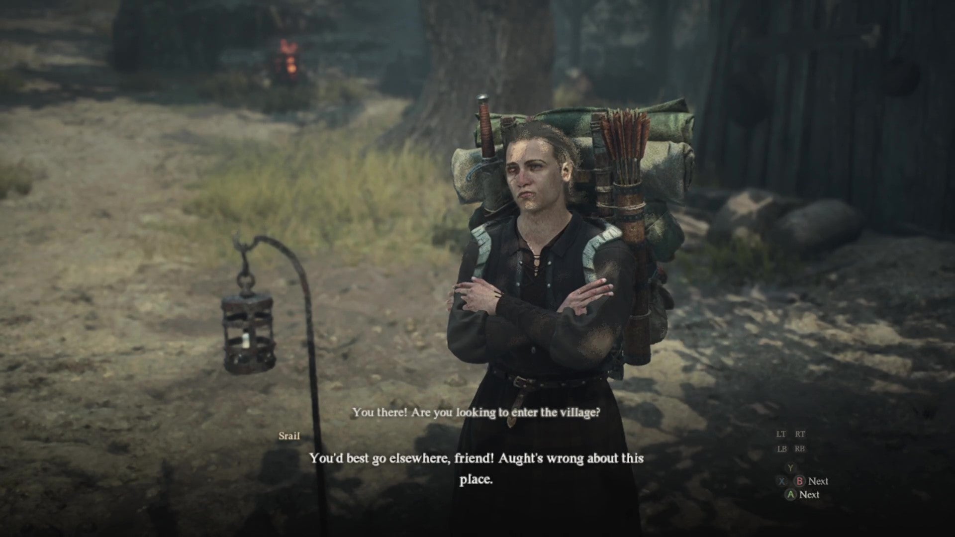 Srail, dressed as a travelling merchant, warns you to stay away at the entrance to the Nameless Village. - 5