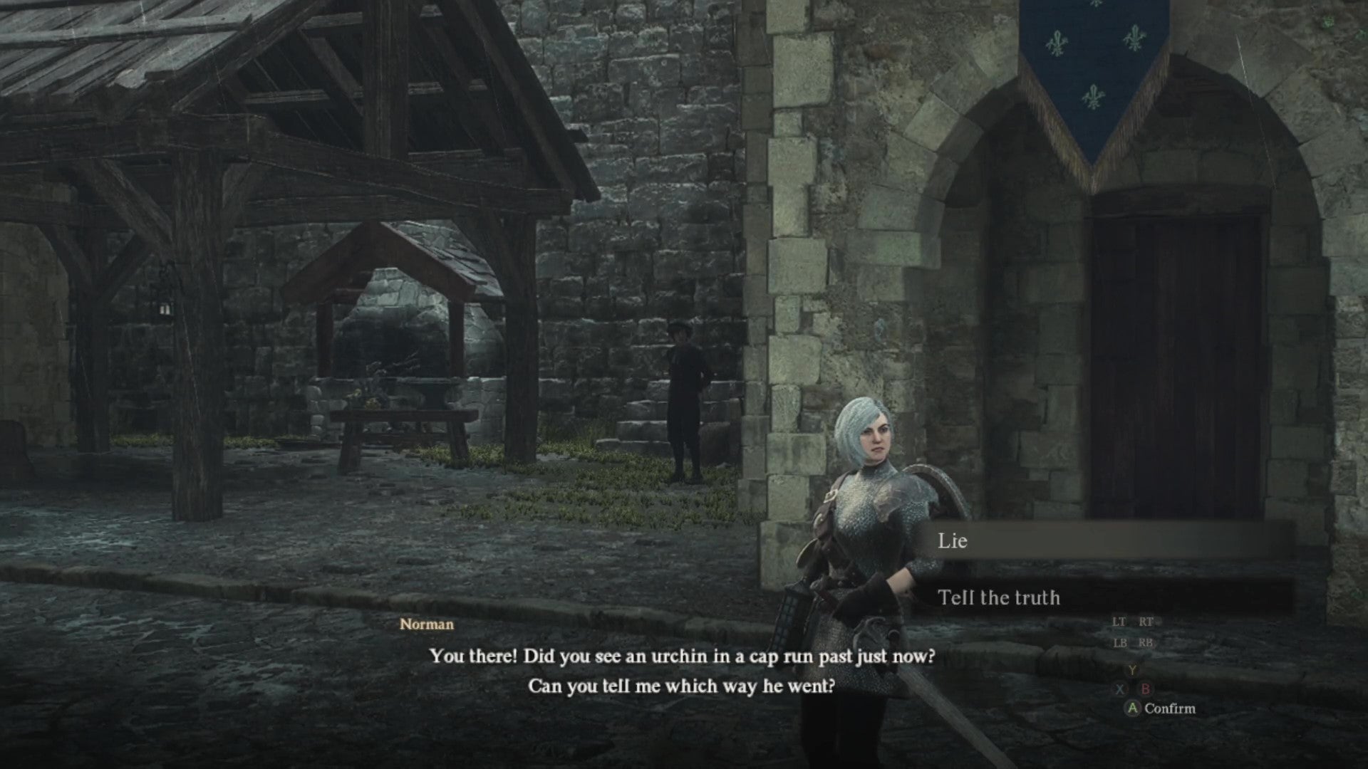 A female human Arisen speaks to a member of the city guard about Sven, who lurks unsubtly in plain sight in the lee of a nearby building. - 4