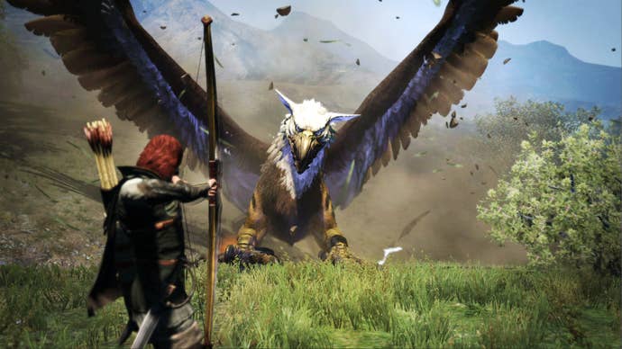 An archer aims his bow at a griffin in a Dragon’s Dogma: Dark Arisen screenshot.