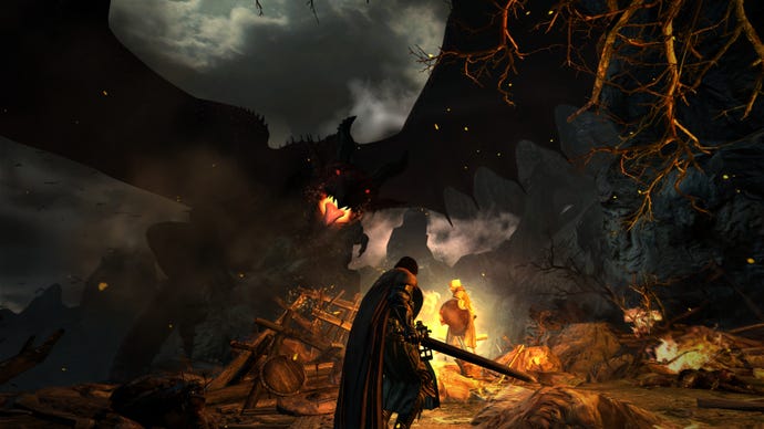 Facing a dragon in a Dragon’s Dogma: Dark Arisen screenshot.