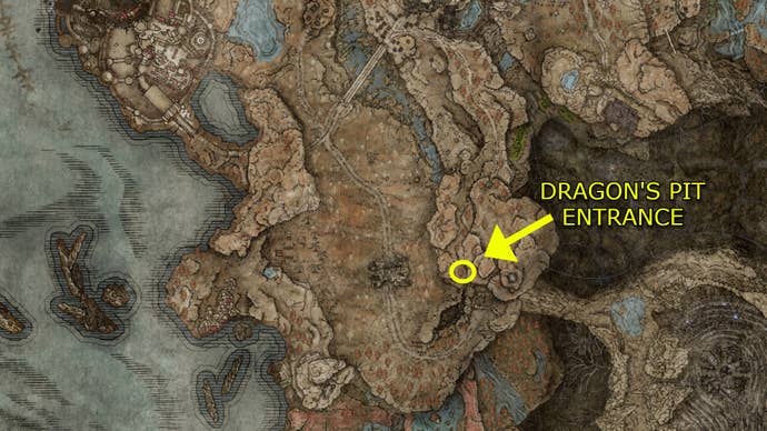 An annotated Elden Ring: Shadow of the Erdtree map showing the entrance to the Dragon’s Pit.