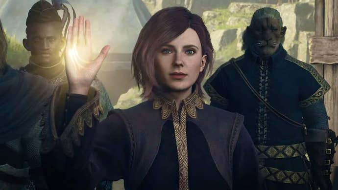 Dragon’s Dogma 2 female character holds her hand up with glowing light
