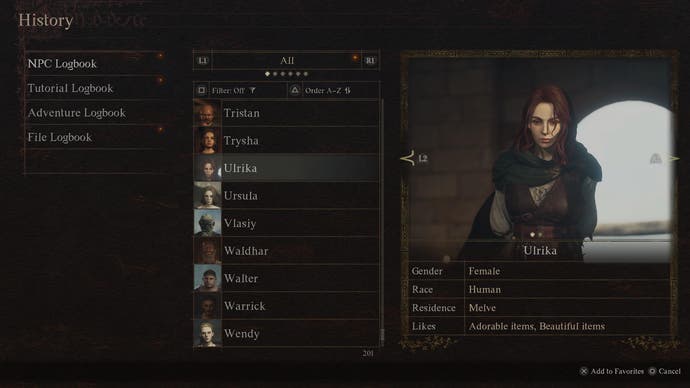 Check the NPC Logbook to know who you can give a gift in Dragon's Dogma 2