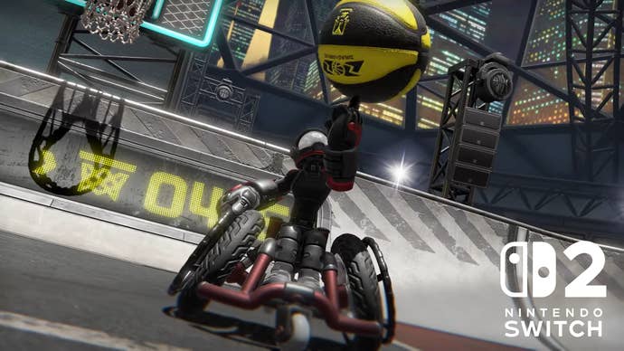 Screenshot of Drag x Drive showing character in wheelchair spinning a giant basketball