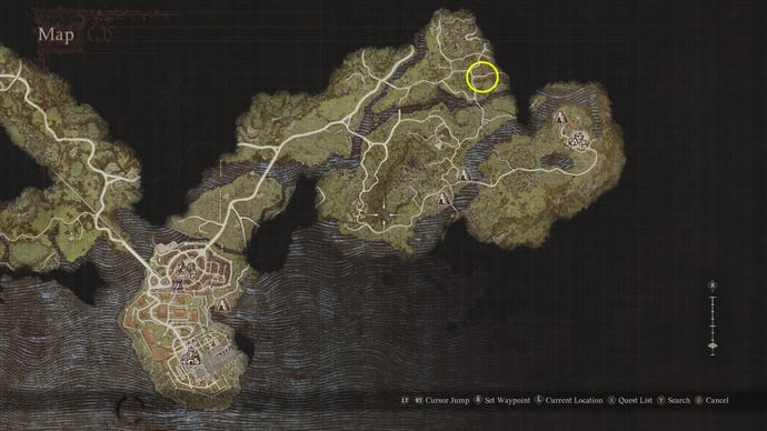 La ubicación de un draco en Dragon's Dogma 2, al norte de Nameless Village.
