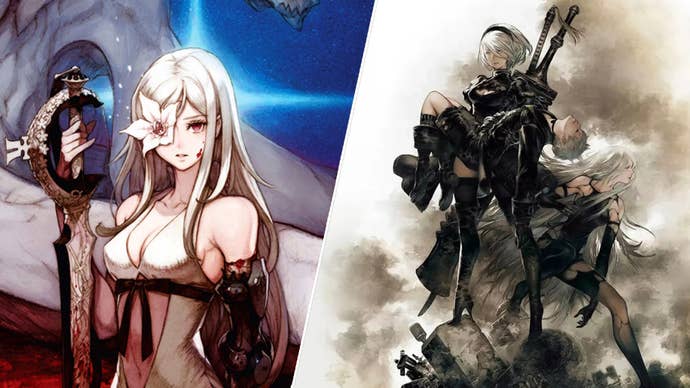 Drakengard 3’s Zero sat in front of a dragon, flower coming out of her right eye, sword propped up with her right hand. 2D art of Nier Automat’as 2B holding an unconscious 9S, A2 posed in the background.