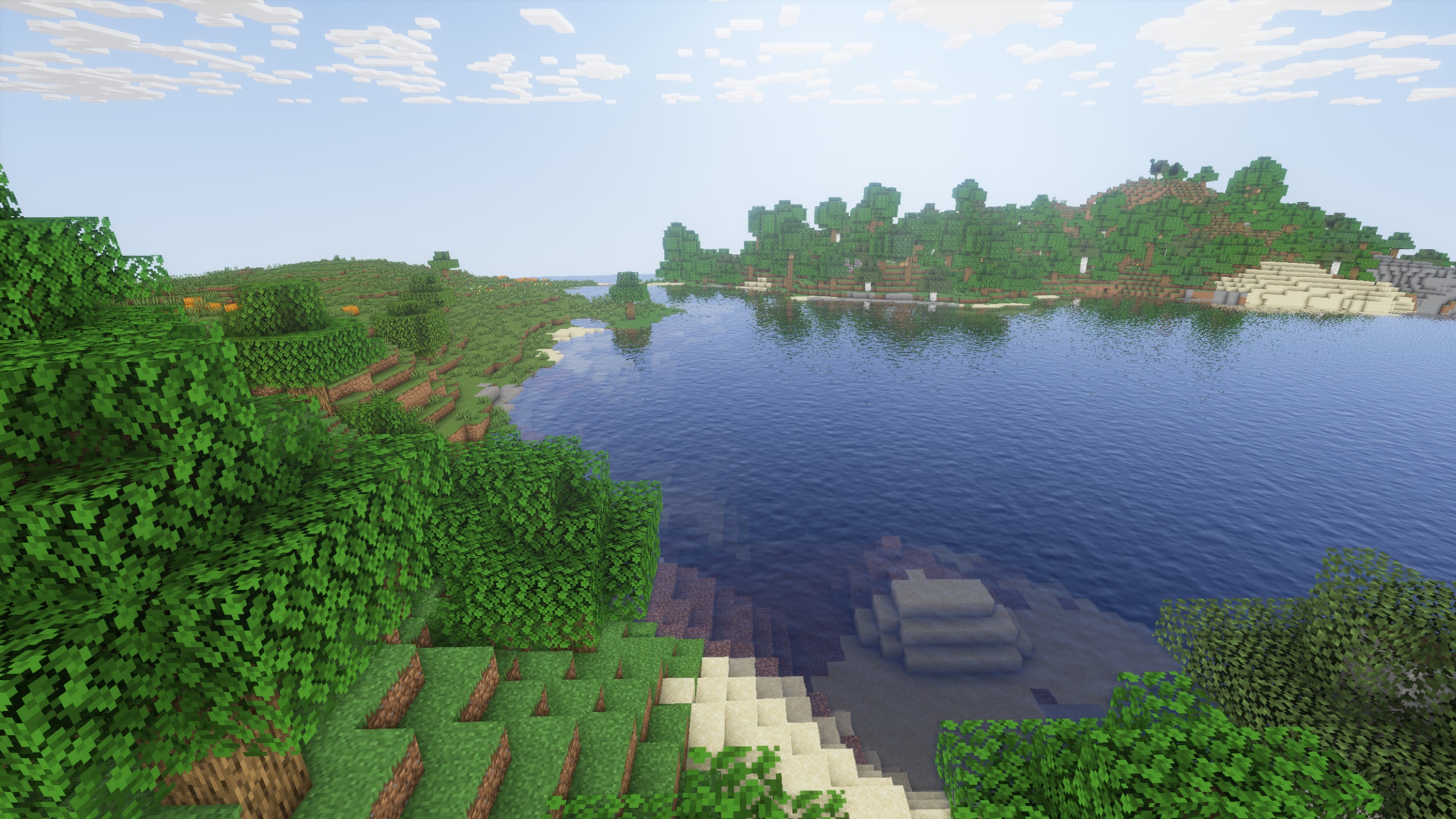 Some trees on a plains coast in Minecraft showcasing DrDestens MCShaders.