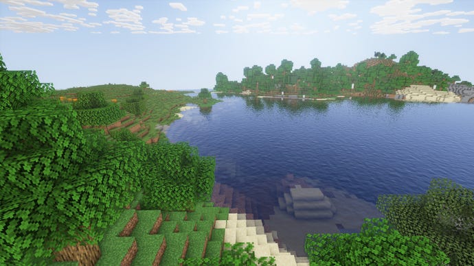 Some trees on a plains coast in Minecraft.
