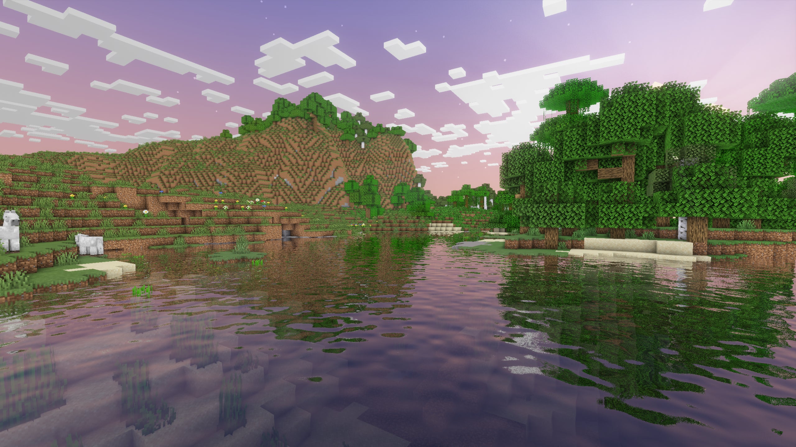 A body of water in front of a hilly forest in Minecraft showcasing DrDestens MCShaders.