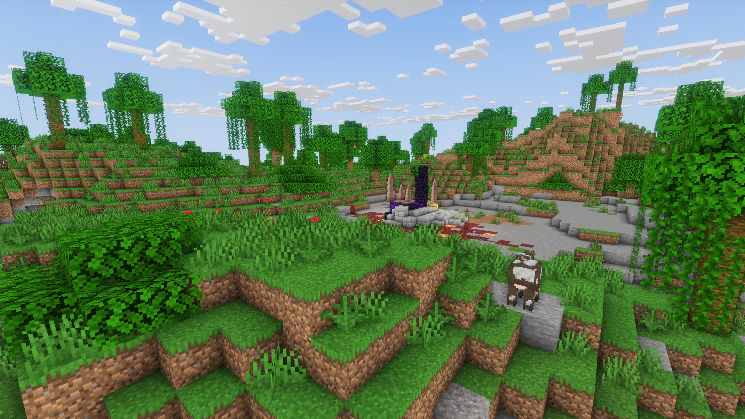 A plains landscape in Minecraft, with a forest in the distance showcasing DrDestens MCShaders.