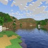 A screenshot of a river in Minecraft, with some trees on either side of the bank and a hill in the distance, taken using DrDesten's shaders.
