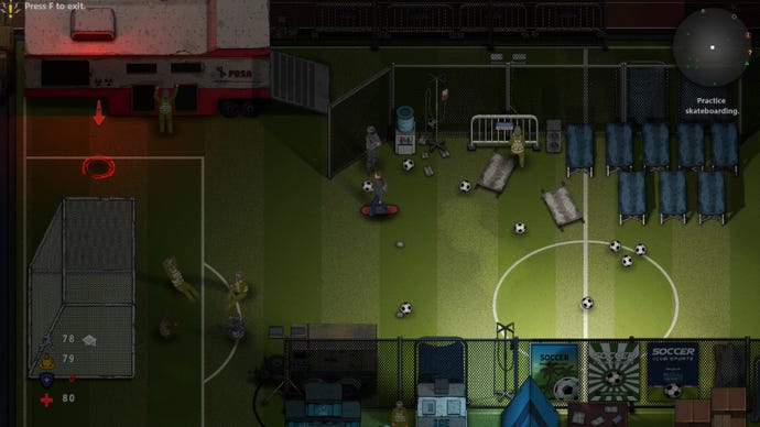 Riding a skateboard on a football pitch in Dread Dawn.