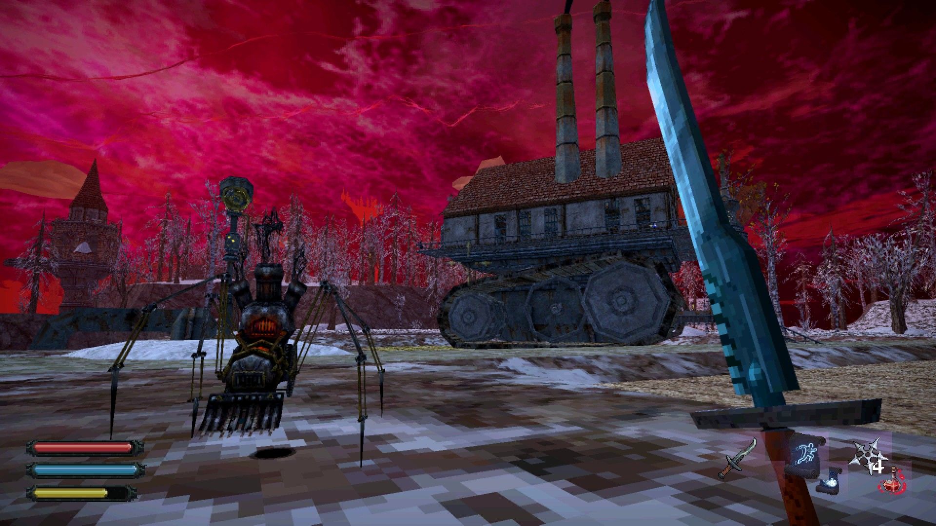 A clockwork Myrmidon confronts the player in front of a huge rolling factory. - 4