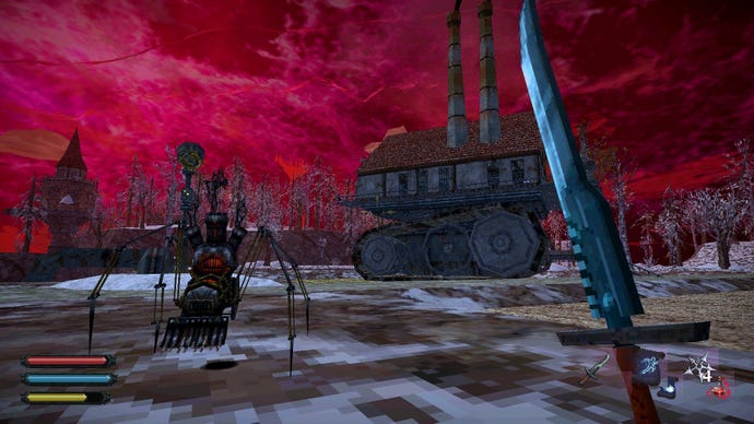 A clockwork Myrmidon confronts the player in front of a huge rolling factory.