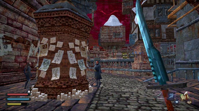 Posters for missing people are plastered over a pillar in the Clockwork Kingdom.