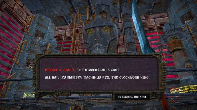 The Clockwork King welcomes the player to its throne room.