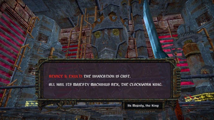The Clockwork King welcomes the player to its throne room.