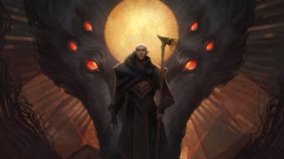 Dragon Age: Dreadwolf promotional image of Fen’Harel with a moon and a wolf-like face with six eyes behind him