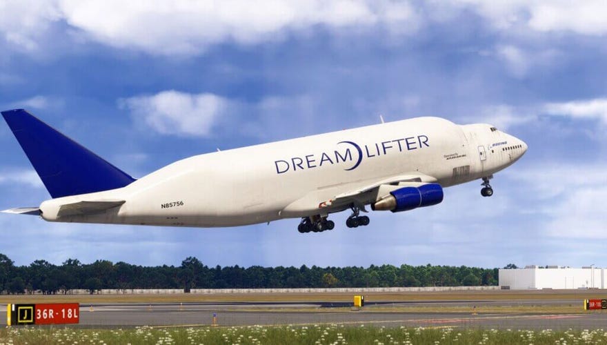 A huge “Dreamlifter” airplane in Microsoft Flight Simulator 2024