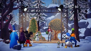 Dreamlight Valley: Olaf and the Great Blizzard - an animated snowman is singing and dancing on a wooden stage with an animated woman for an audience of talking animals