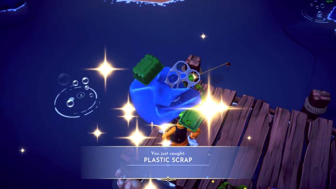 Disney Dreamlight Valley plastic scraps: A random collection of junk labeled as plastic scraps is shown amid a cluster of glowing sparkles