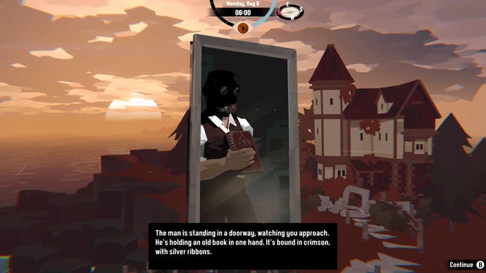 A Dredge screenshot shows a shadowed figure standing in the doorway to a mysterious mansion.