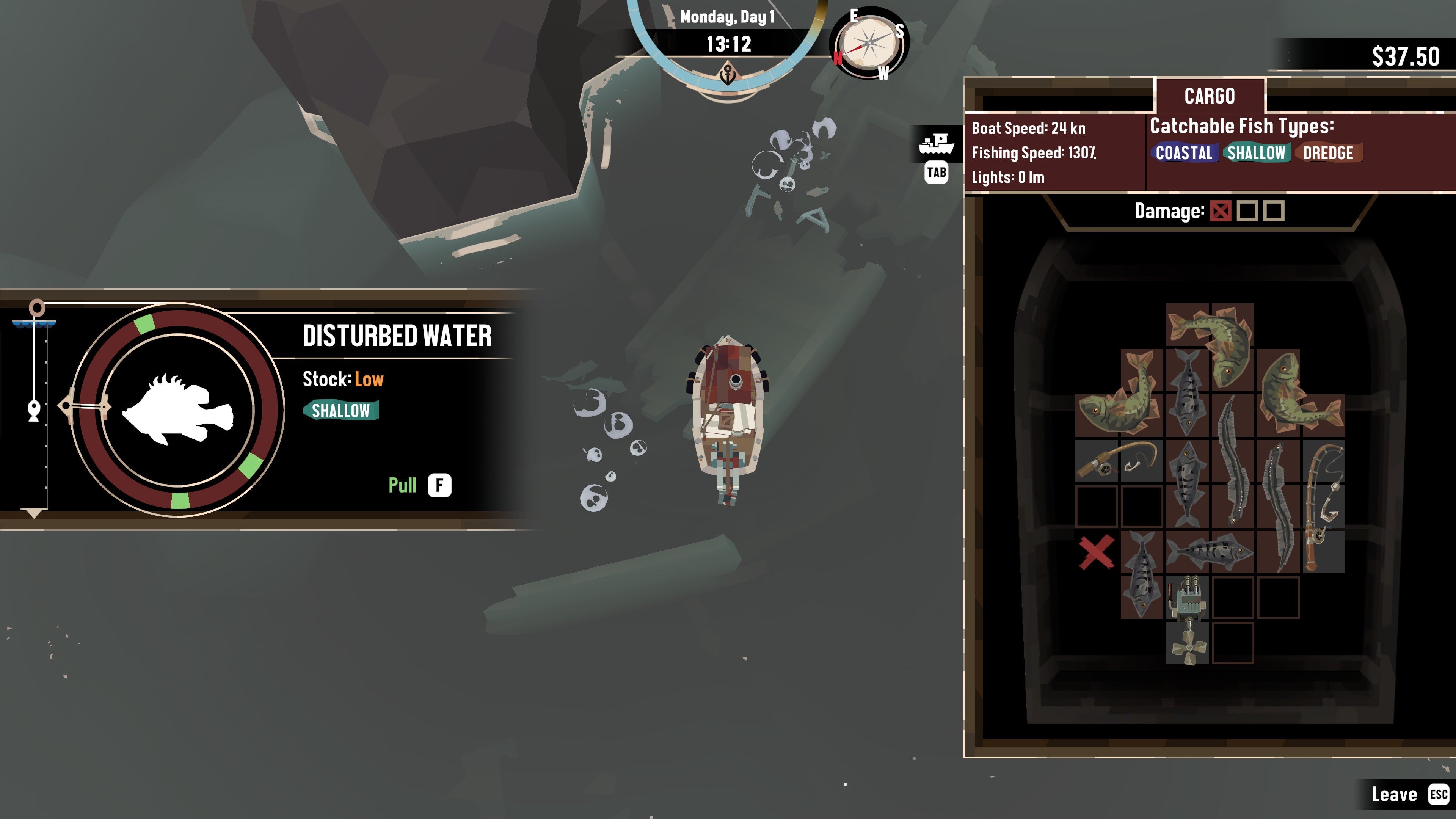 A Dredge screenshot of the fishing mini-game. A timed, circular mini-game is on the left with a block-based puzzle on the right.