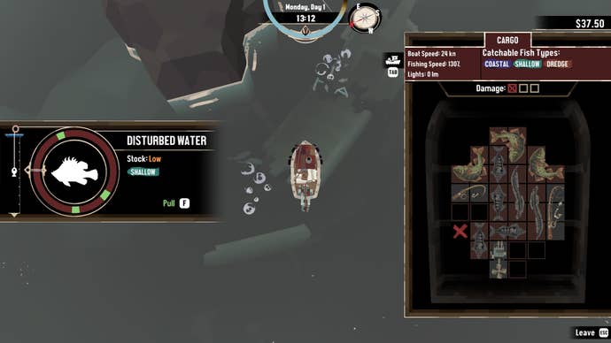 A Dredge screenshot of the fishing mini-game. A timed, circular mini-game is on the left with a block-based puzzle on the right.