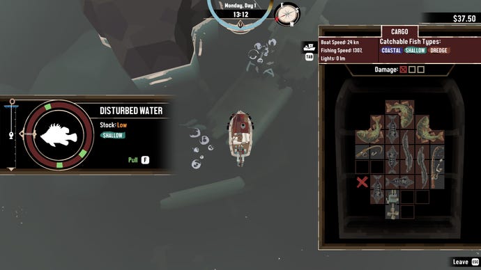 A Dredge screenshot of the fishing mini-game. A timed, circular mini-game is on the left with a block-based puzzle on the right.