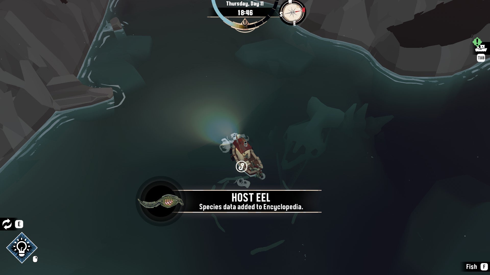 A Dredge screenshot showing a boat out at sea with a giant skeleton of a sea monster beneath the water.