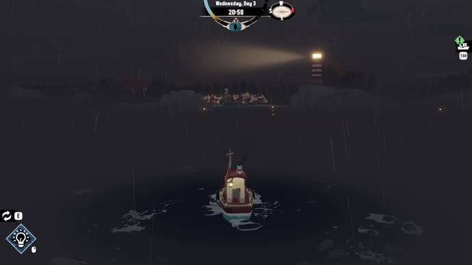 A Dredge screenshot showing a little tugboat sailing at nighttime through a thick fog.