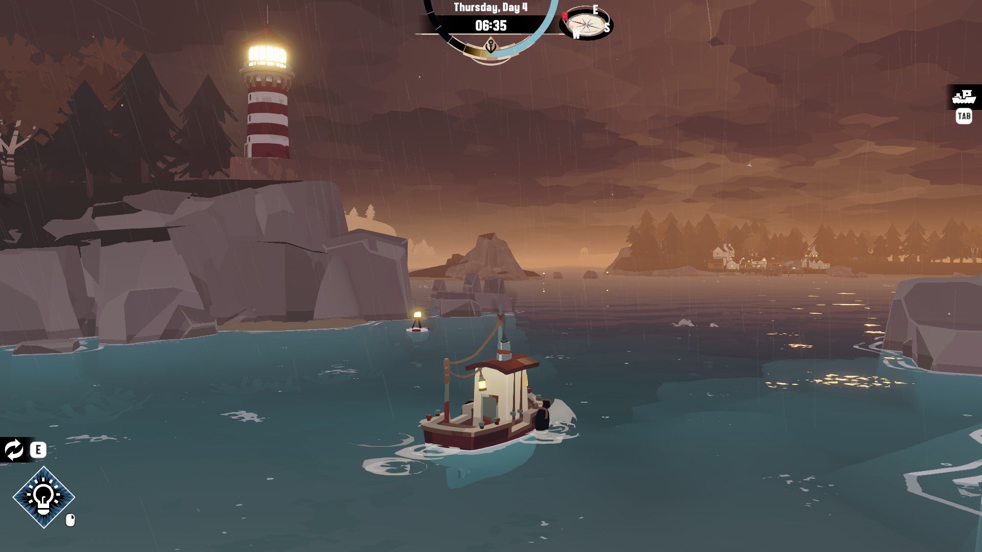 A Dredge screenshot showing a small tugboat out at sea. There&rsquo;s a hazy sunrise in the background.