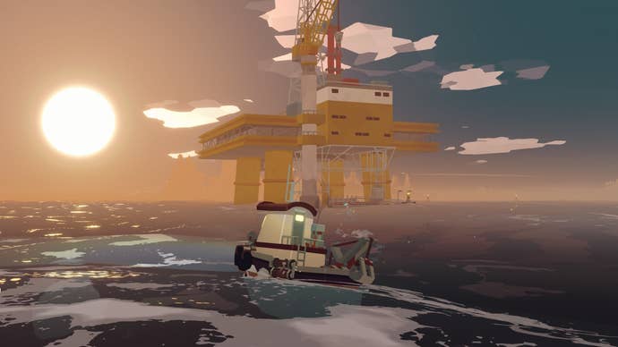 A ship sails toward an iron rig at sunrise in Dredge’s The Iron Rig DLC.