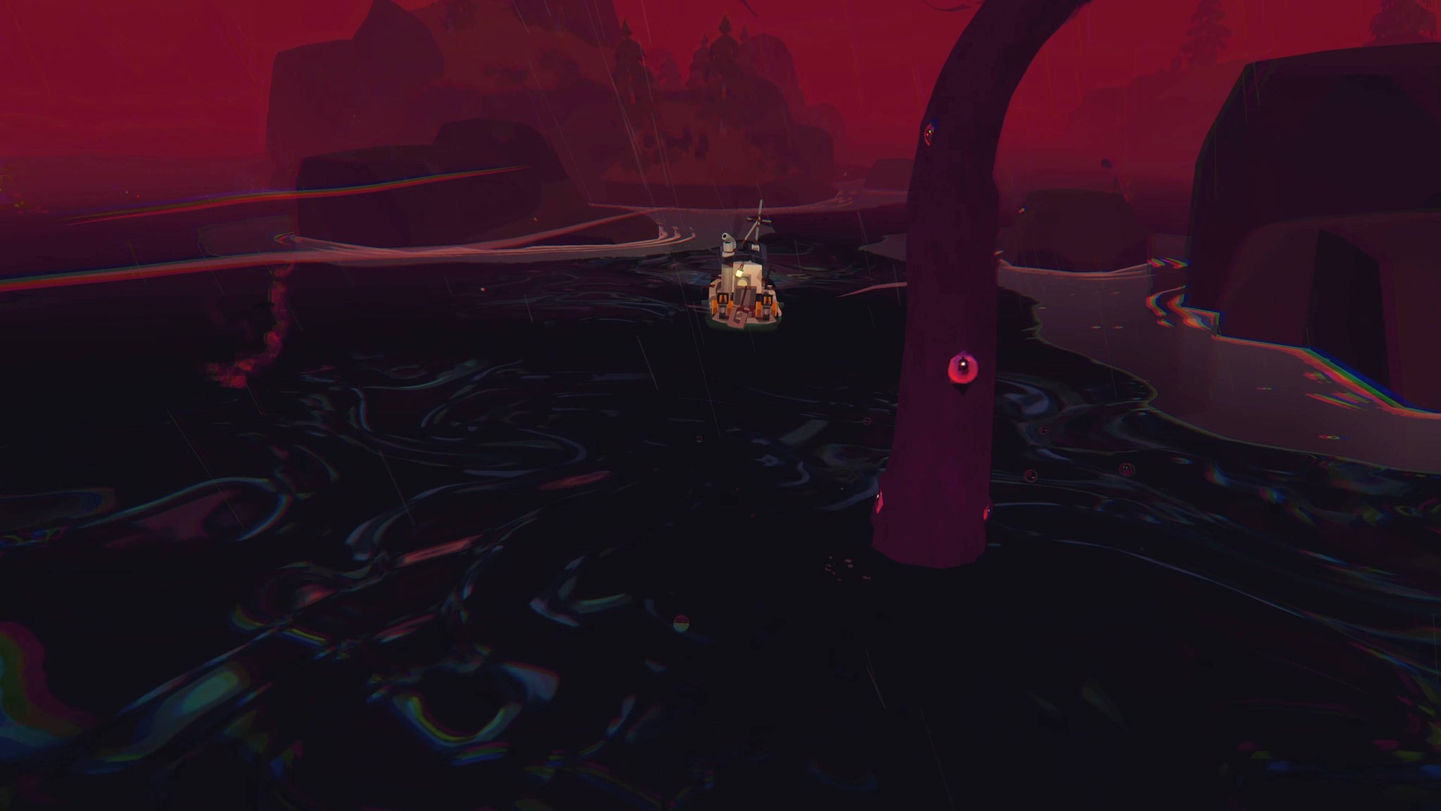 A fishing boat exploring a Dark Liquid patch in Dredge. - 3