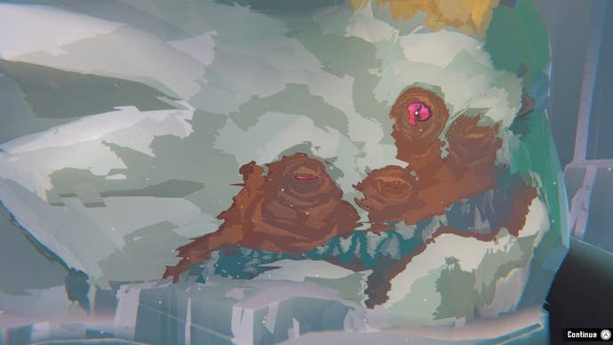 A whale trapped in the ice, it’s baleful red eyes staring out, in Dredge’s The Pale Reach DLC