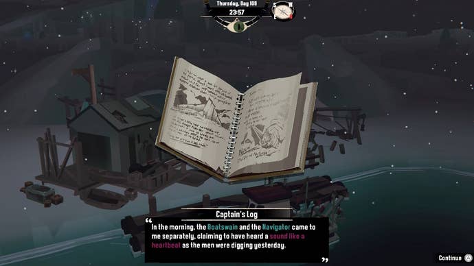A journal discovered in a ruin in Dredge’s The Pale Reach DLC, detailing how the crew have heard a heartbeat in the ice