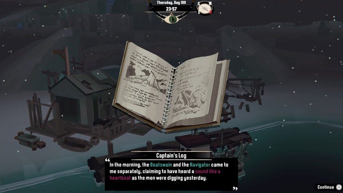 A journal discovered in a ruin in Dredge's The Pale Reach DLC, detailing how the crew have heard a heartbeat in the ice