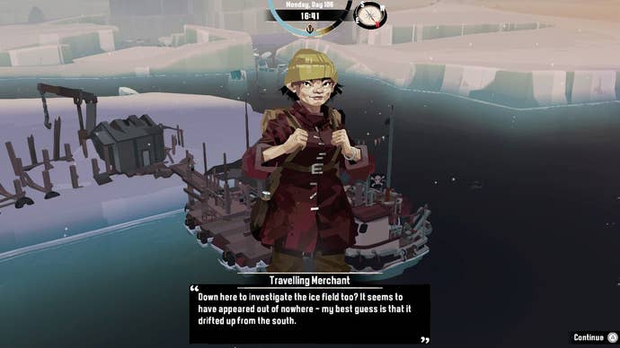 An explorer in the Dredge DLC The Pale Reach, who asks if you’re there to investigate the ice field as well